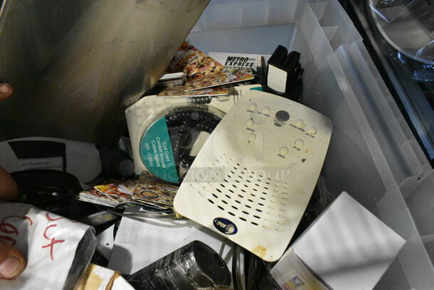 ALL ONE MONEY! Lot of Various Items Including Order Pads, Remote, Sign, Hard Drive in Poly Bin.  - Image 6 of 8