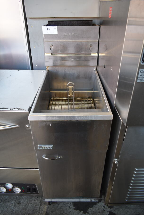 2014 Pitco Frialator 40D Stainless Steel Commercial Floor Style Natural Gas Powered Deep Fat Fryer on Commercial Casters. 115,000 BTU. 