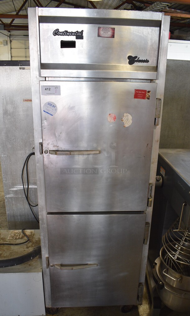 Continental Model C-1FDA-2S Stainless Steel 2 Half Size Door Reach In Cooler w/ Metal Racks on Commercial Casters. 115 Volts, 1 Phase. 29x36x82.5. Tested and Working!