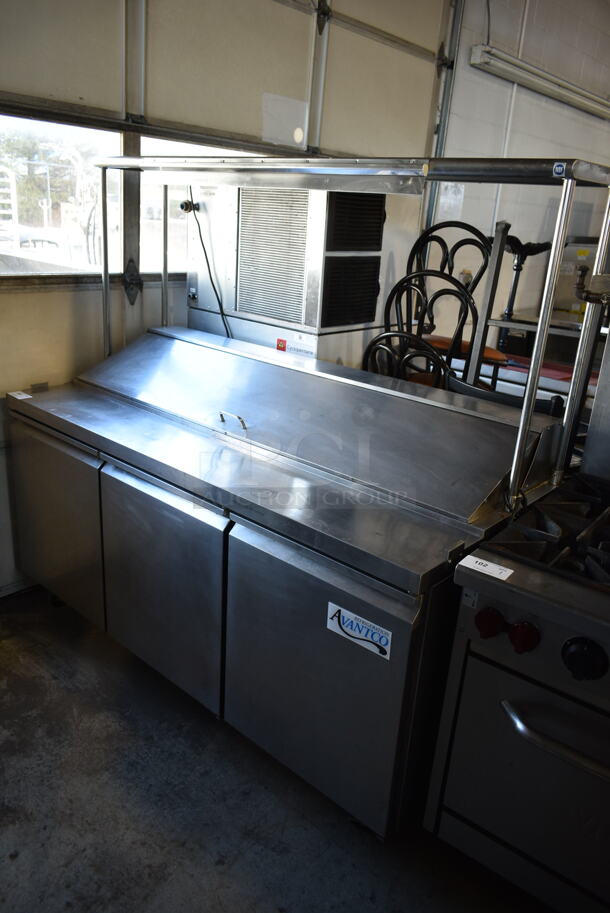 Avantco 178SSPT71HC Stainless Steel Commercial Sandwich Salad Prep Table Bain Marie Mega Top w/ Over Shelf on Commercial Casters. 115 Volts, 1 Phase. Tested and Powers On But Does Not Get Cold - Image 1 of 9