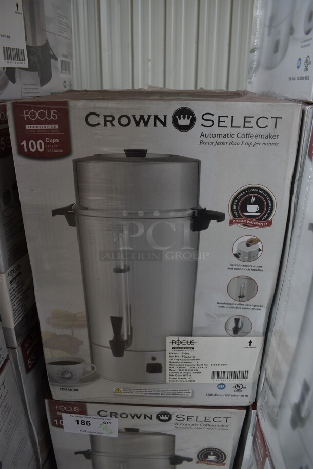 2 BRAND NEW IN BOX! Crown Select Focus Model FCMAA100 Metal Automatic Coffeemakers. 2 Times Your Bid!