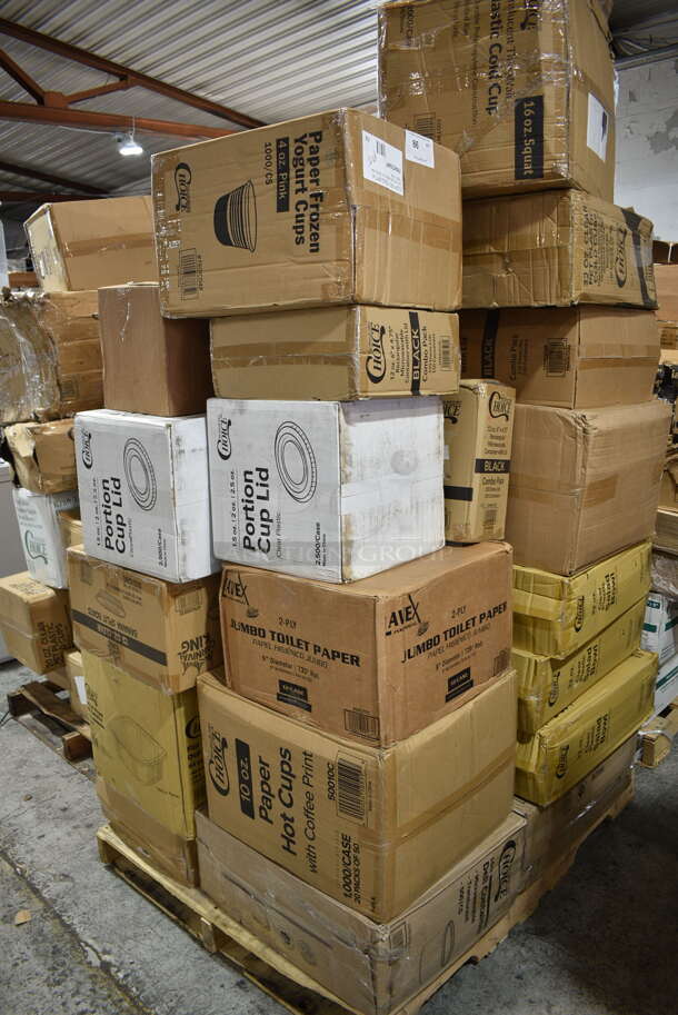 PALLET LOT of 30 BRAND NEW Boxes Including Choice 1 oz Portion Cups, Choice 2 oz Portion Cups, 500CC20 Choice Clear PET Customizable Plastic Cold Cup - 20 oz. - 600/Case, 395RP09 EcoChoice Compostable Sugarcane / Bagasse 9" Plate - 500/Case, 127CH64 Choice 64 oz. Clear RPET Hinged Deli Container - 200/Case, 760BB12 Carnival King 12 oz. Clear Plastic Banana Split Boat - 500/Case, 267810001G Acopa Phoenix Gold 6 1/2" 18/0 Stainless Steel Forged Teaspoon - 12/Case, 2 Box Choice PET Plastic Lid for 1.5 to 2.5 oz. Souffle Cup / Portion Cup - 2500/Case, 5002TPJ Lavex 2-Ply 720' Universal Jumbo Toilet Paper Roll with 9" Diameter - 12/Case, 50010C Choice 10 oz. Coffee Print Poly Paper Hot Cup - 1000/Case, 760IC04P Choice 4 oz. Pink Paper Frozen Yogurt / Food Cup - 1000/Case, 2 Box 129MCS12B Choice 12 oz. Black 6" x 4 3/4" x 1 3/4" Rectangular Microwavable Heavy Weight Container with Lid - 150/Case, 127RD16BULK  Choice 16 oz. Customizable Microwavable Translucent Round Deli Container - 500/Case, 3 Box 127SB32COMBO Choice 32 oz. Clear Plastic Salad Bowl with Lid - 150/Case, 500CC32p Clear PET Plastic Cold Cup - 32 oz., 129MCR50B Choice 43 oz. Black Round Microwavable Heavy Weight Container with Lid 9" - 150/Case. 30 Times Your Bid!  - Image 1 of 12