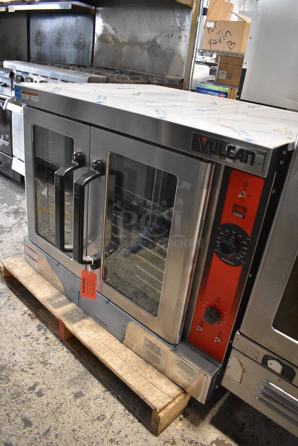 BRAND NEW SCRATCH AND DENT! Vulcan VC4ED ENERGY STAR Stainless Steel Commercial Electric Powered Full Size Convection Oven w/ View Through Doors, Metal Oven Racks and Thermostatic Controls. 208 Volts, 3/1 Phase. - Image 1 of 5