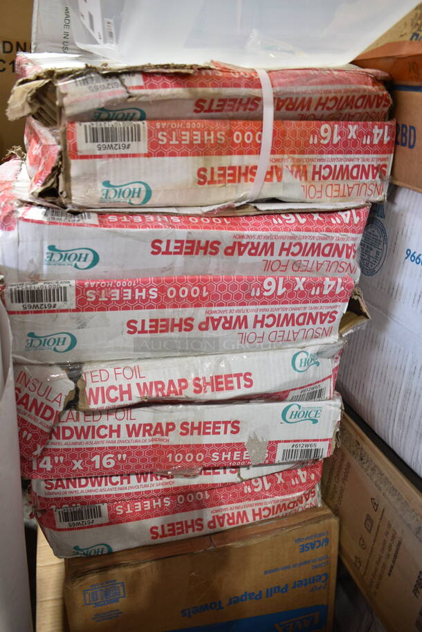 PALLET LOT of 42 BRAND NEW Boxes Including 127CH12F Choice 12 oz. Clear RPET Tall Hinged Deli Container - 200/Case, 966TALLFLDB Choice White Tall-Fold 6" x 13" Dispenser Napkin - 8000/Case, 15909144 Araven 09144 ColorClip 6 Gallon / 96 Cup Polypropylene Light-Duty Shelf Ingredient Bin, 8 Box 612W65 Choice Insulated Foil Sandwich Wrap Sheets 14" x 16" - 1000/Case, 5002CPTEC Lavex 2-Ply White Center Pull Economy Paper Towel Roll, 500 Sheets / Roll - 6/Case, 5002CPTENAT Lavex 2-Ply Natural Kraft Center Pull Paper Towel 510' Roll - 6/Case, Visions Stemless White Plastic Glasses, Dinex DX11870174 Clear Dome Disposable Lid for Dinex DXSWC6 6 oz. Clear Tulip Bowls, Dinex DXSWC8 8 oz. Clear Tulip Bowls, Carlisle 4531 5 oz. Tulip Dish, and Carlisle 4535 8 oz. Clear Tulip Bowls - 1000/Case, 245CB10 Choice 10" x 10" x 2" White Customizable Corrugated Plain Pizza Box - 50/Bundle, 2 Box 966UPWIDEKFT-500 OneUp by Choice Kraft 2-Ply Wide Interfold 6 1/2" x 8 1/2" Dispenser Napkin - 6000/Case. 42 Times Your Bid! - Image 7 of 12