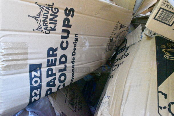 20 BRAND NEW Boxes Including 5002BNAPNAT EcoChoice 2-Ply Natural Kraft Beverage / Cocktail Napkin - 3000/Case, Dart 72HT1 7" x 4" x 2" White Foam Hinged Lid Hot Dog Container - 500/Case, 760V32 Carnival King 32 oz. Popcorn Cup - 500/Case, 50024C Choice 24 oz. Coffee Print Poly Paper Hot Cup - 600/Case, Dart 16LCDHX Clear PET Dome Lid with 2" Hole - 1000/Case, 347BP6BK Choice 6" Black Plastic Plate - 1000/Case. 20 Times Your Bid! - Image 7 of 12