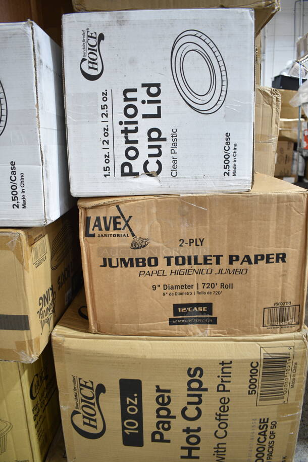 PALLET LOT of 30 BRAND NEW Boxes Including Choice 1 oz Portion Cups, Choice 2 oz Portion Cups, 500CC20 Choice Clear PET Customizable Plastic Cold Cup - 20 oz. - 600/Case, 395RP09 EcoChoice Compostable Sugarcane / Bagasse 9" Plate - 500/Case, 127CH64 Choice 64 oz. Clear RPET Hinged Deli Container - 200/Case, 760BB12 Carnival King 12 oz. Clear Plastic Banana Split Boat - 500/Case, 267810001G Acopa Phoenix Gold 6 1/2" 18/0 Stainless Steel Forged Teaspoon - 12/Case, 2 Box Choice PET Plastic Lid for 1.5 to 2.5 oz. Souffle Cup / Portion Cup - 2500/Case, 5002TPJ Lavex 2-Ply 720' Universal Jumbo Toilet Paper Roll with 9" Diameter - 12/Case, 50010C Choice 10 oz. Coffee Print Poly Paper Hot Cup - 1000/Case, 760IC04P Choice 4 oz. Pink Paper Frozen Yogurt / Food Cup - 1000/Case, 2 Box 129MCS12B Choice 12 oz. Black 6" x 4 3/4" x 1 3/4" Rectangular Microwavable Heavy Weight Container with Lid - 150/Case, 127RD16BULK  Choice 16 oz. Customizable Microwavable Translucent Round Deli Container - 500/Case, 3 Box 127SB32COMBO Choice 32 oz. Clear Plastic Salad Bowl with Lid - 150/Case, 500CC32p Clear PET Plastic Cold Cup - 32 oz., 129MCR50B Choice 43 oz. Black Round Microwavable Heavy Weight Container with Lid 9" - 150/Case. 30 Times Your Bid!  - Image 10 of 12