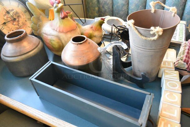 Wall Mount Table w/ Contents Including Vases, Clock and Decor. BUYER MUST REMOVE: Bring Tools and Manpower Needed To Remove This Item. (booth room)  - Image 4 of 11