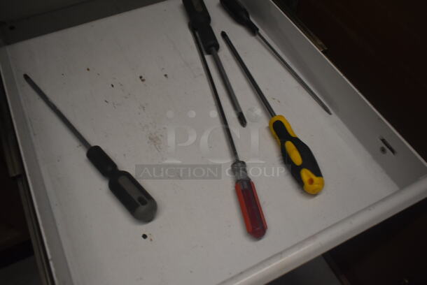 Tan Metal 2 Door Cabinet w/ Contents Including Panasonic Commercial Electric Stapler and Tools on Commercial Casters. - Image 9 of 12