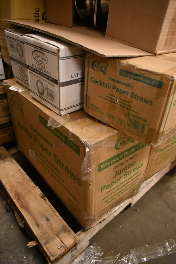 PALLET LOT OF 32 BRAND NEW Boxes Including 2 Box Choice Oblong Plastic Dome Lid, 347RP6WHGLD Visions 6" White Plastic Plate with Gold Lattice Design - 150/Case, 2 Box Choice Deli Container, 500TO993C3 9" x 9" x 3" Microwaveable 3-Compartment Black / Clear Plastic Hinged Container, 271VC5252SBK Intedge 52" x 52" Black Solid Vinyl Table Cover with Flannel Back, 178NLE10CN Compressor, 17828026SC Starting Capaci, 17828015PS Protector, 17828002C Compressor Cover, 3 Box 433NHTBIO EcoChoice 1/6 Standard Size Biodegradable Standard-Duty Plastic T-Shirt Bag - 500/Case, 357FBT2068A0 BASE & TOP PLATE - KT22 BLK 2/PK, 2 Box 485WPJ7BK EcoChoice 7 3/4" Jumbo Black Wrapped Paper Straw - 3200/Case. 32 Times Your Bid! - Image 5 of 12