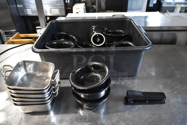 ALL ONE MONEY! Lot of Metal Bins and Black Ramekins in Black Poly Bus Bin - Image 1 of 4