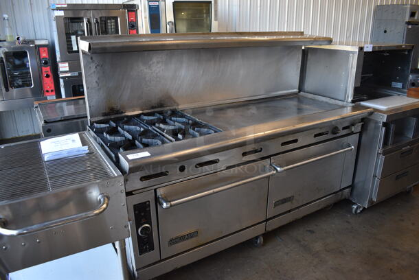 American Range Stainless Steel Commercial Natural Gas Powered 4 Burner Range w/ Flat Top, Oven, Convection Oven, Over Shelf and Back Splash on Commercial Casters. 72x33x57 - Image 3 of 7