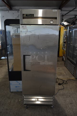 True T-19 Stainless Steel Commercial Single Door Reach In Cooler w/ Poly Coated Racks on Commercial Casters. 115 Volts, 1 Phase. Tested and Powers On But Does Not Get Cold
