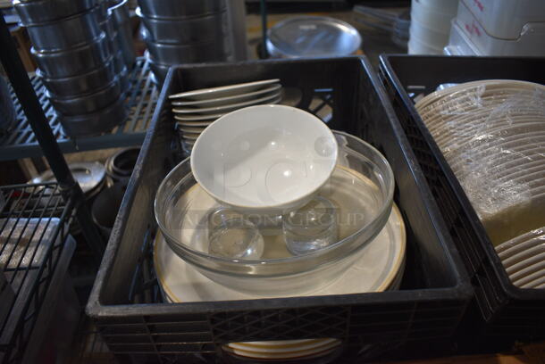 ALL ONE MONEY! Lot of Tabletop Full of Various Items Including Glasses, Dishes, Ice Scoopers and Poly Bins. Does Not Include Table. - Image 3 of 11