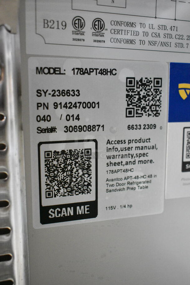 BRAND NEW SCRATCH AND DENT! 2023 Avantco 178APT48HC Stainless Steel Commercial Sandwich Salad Prep Table Bain Marie Mega Top. 115 Volts, 1 Phase. Tested and Working! - Image 10 of 10