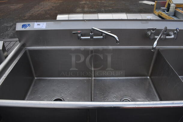 Stainless Steel Commercial 3 Bay Sink w/ Right Side Drainboard, 2 Handle Sets and 2 Faucets. 98x30x46. Bays 24x24x13. Drainboard 22x26x1 - Image 5 of 6