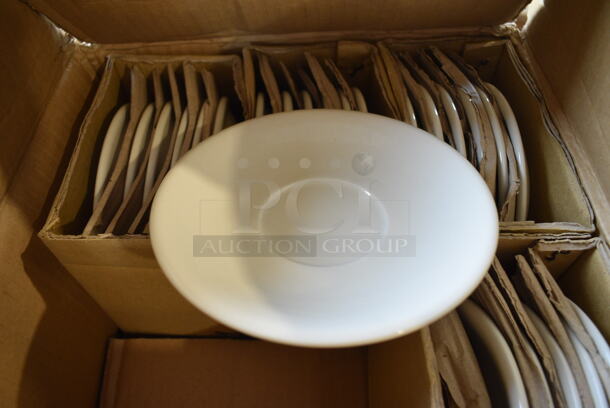 24 BRAND NEW IN BOX! Tuxton TRE-002 White Ceramic Saucers. 6x6x1. 24 Times Your Bid!