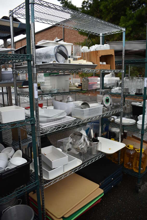 ALL ONE MONEY! Lot of 5 Tiers of Various Smallwares Including White Ceramic Plates, Scale, Utensils, Cutting Boards, Cash Drawers. Does Not Include Shelving Unit