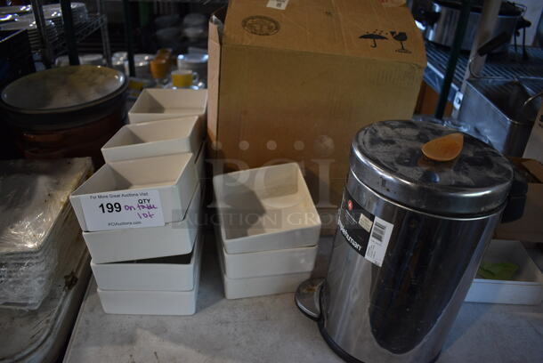 ALL ONE MONEY! Lot of Tabletop Lot of Various Items Including Dishes, Trash Can, Poly Bins, Metal Baking Pans and Metal Baskets. Does Not Include Table. - Image 2 of 10