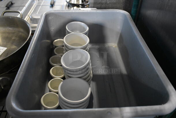 ALL ONE MONEY! Lot of 6 Poly Bowls and 22 White Poly Bowls in Gray Bus Bin. Includes 15x20x7