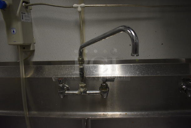 Stainless Steel Commercial 3 Bay Sink w/ Dual Drain Boards, 2 Faucets and 2 Handle Sets. 120x30x44. Bays 24x24x14. Drain Boards 23x26x2. BUYER MUST REMOVE. (kitchen) - Image 7 of 8