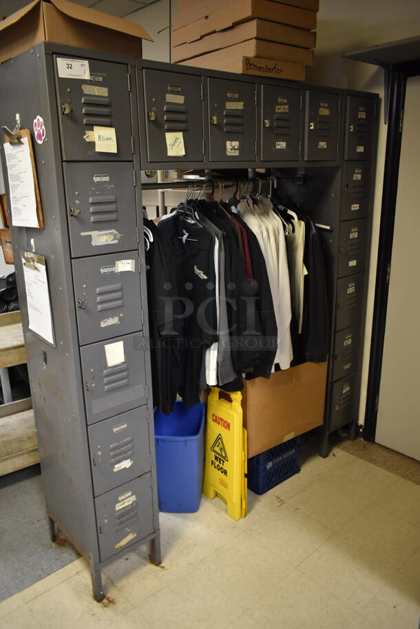 Gray Metal U Shaped 15 Cubby Locker w/ Shirts Shown In Picture. (dish room)  - Image 1 of 6