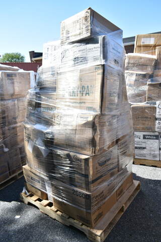 PALLET LOT of 27 BRAND NEW Boxes Including 612613245HD Choice Half Size Heavy-Duty Foil Steam Pan Deep 2 9/16" Depth - 100/Case, 130WSPOON Choice Medium Weight White Plastic Teaspoon - 1000/Case, 500CC32LEM Carnival King 32 oz. PET Lemonade Cup - 500/Case, 128HD8COMBO Choice Heavy Duty 8 oz. Microwavable Translucent Plastic Deli Container and Lid Combo Pack - 240/Case, 130WBKFORKH Choice Black Heavy Weight Wrapped Plastic Fork - 1000/Case, 130BKFKSNSPH Choice Black Heavy Weight Wrapped Plastic Cutlery Pack with Napkin and Salt and Pepper Packets - 500/Case, 500TW7 Choice 8" Clear Round Plastic Dome Lid - 500/Case, 2 Box 129MCS242CB Choice 30 oz. Black 8 3/4" x 6" x 2 3/4" 2-Compartment Rectangular Microwavable Heavy Weight Container with Lid - 150/Case, 2 Box Genpak 26600 13" x 4 1/2" x 3" White Extra Large Hinged Lid Foam Hoagie / Sub Container - 200/Case, 127SB24COMBO Choice 24 oz. Clear Plastic Salad Bowl with Lid - 150/Case, 2 Box RWP0022C300 Square Kova Cups, 127DM12BULK Choice 12 oz. Ultra Clear PET Plastic Round Deli Container - 500/Case, 612P558 Choice 8" Clear Round Plastic Dome Lid - 500/Case. 27 Times Your Bid! 