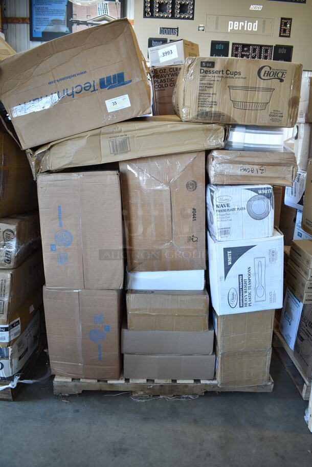 PALLET LOT of 32 BRAND NEW Boxes Including Choice 16 oz Paper Frozen Yogurt Cups, 500CC12HD 12 oz. Plastic Cold Cup - 1000/Case, 127RD16BULK Choice Microwavable Round Deli Container, 433L16C Choice Pint Size Natural Kraft Paper Bag - 500/Case, Dyson Purifier Filter, 164CUSHWGBK Lancaster Table & Seating Spartan Series 2 1/2" Black Vinyl Padded Seat for Chair and Barstool, 2 Box 5001RT800B Lavex 8" White Hardwound Paper Towel, 800 Feet / Roll - 6/Case, 186CVB4810 VacPak-It 186CVB4810 8" x 10" Chamber Vacuum Packaging Pouches / Bags 4 Mil - 1000/Case, Choice 1/6 Standard Size White "Thank You" Standard-Duty Plastic T-Shirt Bag - 700/Case, 347RP9WHSS Visions Wave 9" White Plastic Plate - 180/Case, 130HCUTWR Visions Individually Wrapped White Heavy Weight Plastic Fork - 1000/Case. 32 Times Your Bid! - Image 1 of 12