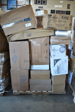 PALLET LOT of 32 BRAND NEW Boxes Including Choice 16 oz Paper Frozen Yogurt Cups, 500CC12HD 12 oz. Plastic Cold Cup - 1000/Case, 127RD16BULK Choice Microwavable Round Deli Container, 433L16C Choice Pint Size Natural Kraft Paper Bag - 500/Case, Dyson Purifier Filter, 164CUSHWGBK Lancaster Table & Seating Spartan Series 2 1/2" Black Vinyl Padded Seat for Chair and Barstool, 2 Box 5001RT800B Lavex 8" White Hardwound Paper Towel, 800 Feet / Roll - 6/Case, 186CVB4810 VacPak-It 186CVB4810 8" x 10" Chamber Vacuum Packaging Pouches / Bags 4 Mil - 1000/Case, Choice 1/6 Standard Size White "Thank You" Standard-Duty Plastic T-Shirt Bag - 700/Case, 347RP9WHSS Visions Wave 9" White Plastic Plate - 180/Case, 130HCUTWR Visions Individually Wrapped White Heavy Weight Plastic Fork - 1000/Case. 32 Times Your Bid!