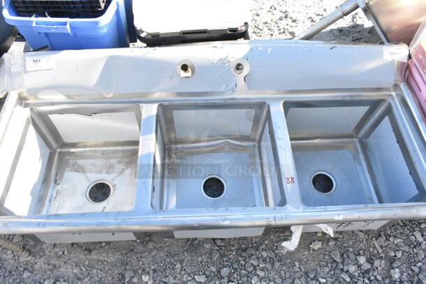 BRAND NEW SCRATCH AND DENT! Regency 600S31717 60" 16 Gauge Stainless Steel Three-Compartment Commercial Sink - 17" x 17" x 12" Bowls. No Legs.
 - Image 3 of 4