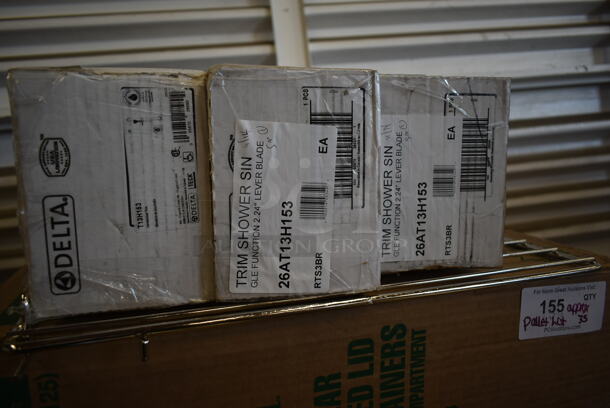PALLET LOT of 35 BRAND NEW! Boxes Including 3 Box 26AT13H153 Delta Faucet T13H153 Universal Shower Head, Grab Bar, Lever Blade Handle, and Valve, C57PST1 Dart C57PST1 ClearSeal Hinged Lid Plastic Container 6" x 5 13/16" x 3" - 500/Case, 2 Box 129MCR24B Choice 24 oz. Black Round Microwavable Heavy Weight Container with Lid 7 1/4" - 150/Case, American Standard 6500175.002 Monterrey 0.5 GPM Deck-Mount Widespread Lavatory Faucet with 8" Centers, Cast Brass Spout, and Wrist Blade Handles, 80815759R Tablecraft 15759R 9" Red Plastic Diner Platter / Fast Food Basket with Base - 12/Pack, 2 Box 500LFLAT Choice Clear Flat Lid with Straw Slot - 9, 12, 16, 20, and 24 oz. - 1000/Case, 130WSPORK Choice Medium Weight White Plastic Spork - 1000/Case, 53004908, 245SSRSVGD3T Enjay .045-314RTBHGS 3 1/4" Silver and Gold Reversible Round Single Serve Dessert Board with Tab - 500/Case. 35 Times Your Bid! - Image 3 of 10