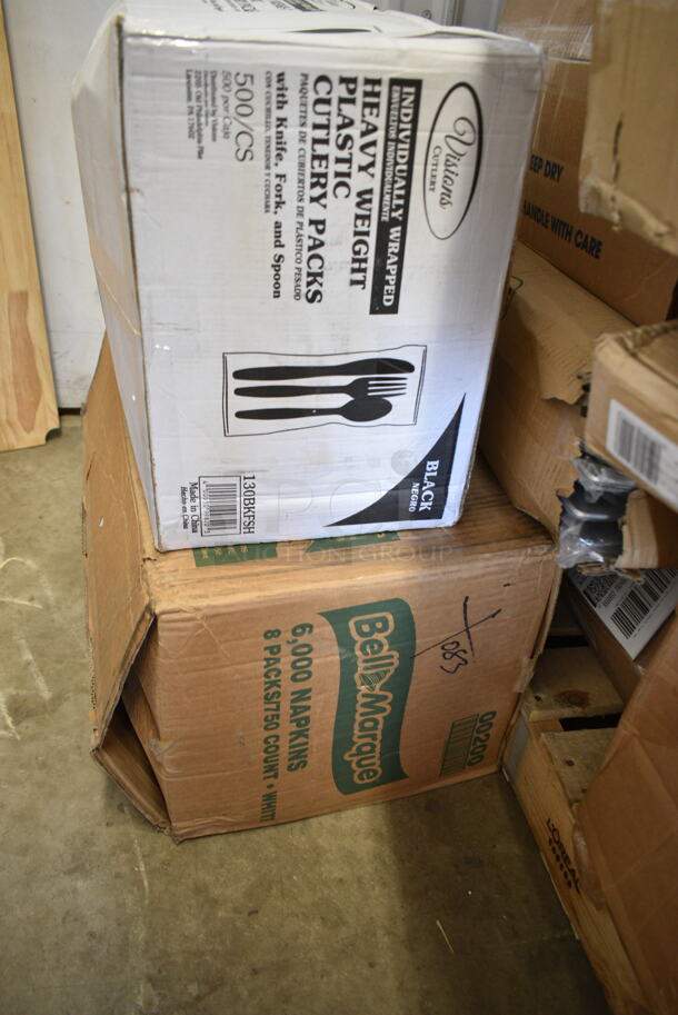 PALLET LOT of 27 BRAND NEW Boxes Including 130BKFSH Visions Wrapped Black Heavy Weight Plastic Cutlery Pack with Knife, Fork, and Spoon - 500/Case, Bell Marque Napkins, 5008W Choice 8 oz. Tall White Poly Paper Hot Cup - 1000/Case, 496STRPQ8W American Louver Company Stratus White Plaque Diffuser with 8" Neck STR-PQ-8W, 511CBG1218YL San Jamar CBG121812YL Saf-T-Grip® 18" x 12" x 1/2" Yellow Cutting Board with Hook, 130HBKCUTFW Visions Individually Wrapped Black Heavy Weight Plastic Fork - 1000/Case, 500CMFB83181C Take Out Containers, 500TO963 Choice 9" x 6" x 3" Microwaveable 1-Compartment Black / Clear Plastic Hinged Container - 100/Case, 2 Box 407MT1826WH Choice 18" x 26" White Bakery Display / Market Tray, 500TW Choice 16 oz. Translucent Thin Wall Squat Plastic Cold Cup - 1000/Case, 247FP124BK Vigor 1/2 Size Black Polycarbonate Food Pan - 4" Deep, 407CBP4GY Choice Gray 4-Compartment Plastic Cutlery Box / Flatware Bin with Handles, Solo 626TS Clear Flat Lid with Straw Slot - 1000/Case, CCS1800.CL Fineline CCS1800 Platter Pleasers 18" Clear Scalloped Plastic Catering Tray - 36/Case, 50016C Coffee Cups Printed, 500CC24HD 24 oz. Plastic Cold Cup - 600/Case. 27 Times Your Bid! - Image 2 of 12