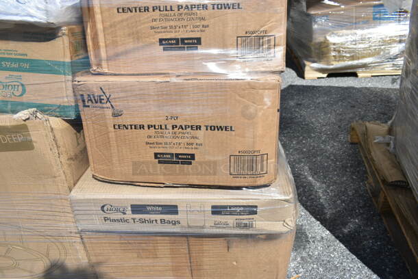 PALLET LOT of 44 BRAND NEW Boxes Including 2 Box 5002DNAPBLK Choice 15" x 17" Black Customizable 2-Ply Paper Dinner Napkin - 1000/Case, 795PTOWHT4 Choice White Microwavable Folded Paper #4 Take-Out Container 7 3/4" x 5 1/2" x 3 1/2" - 160/Case, 347SLWG16 Visions 16 oz. Heavy Weight Clear Plastic Stemless Wine Glass - 64/Case, 2 Box 5002CPTE Lavex 2-Ply White Center Pull Paper Towel 510' Roll - 6/Case, 433NHT004 Choice 1/5 Large Size White Heavy-Duty Unprinted Plastic T-Shirt Bag - 500/Case, 2 Box 395SP06PF EcoChoice No PFAS Added 6" x 6" Natural Bagasse Blend Square Plate - 400/Case, Bakers Lane Pie Pan, 2 Box 500PMGREEKGD Choice 10" x 14" Greek Key Gold Placemat - 1000/Case, 612W45 Choice 10 3/4" x 14" Insulated Foil Sandwich Wrap Sheets - 2000/Case, 128HDLDBULK ChoiceHD Microwavable Translucent Plastic Deli Container Lid - 480/Case, 795KFT44RNPLA EcoChoice 44 oz. Round Kraft Bio-Lined Compostable Take-Out Container 2 5/8" x 7 5/16" - 300/Case. 44 Times Your Bid!  - Image 9 of 12