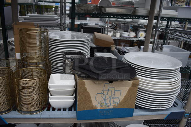 ALL ONE MONEY! Lot of 4 Tiers of Various Smallwares Including White Ceramic Dishes, Metal Stock Pots, Drop In Bins. Does Not Include Shelving Unit - Image 4 of 8
