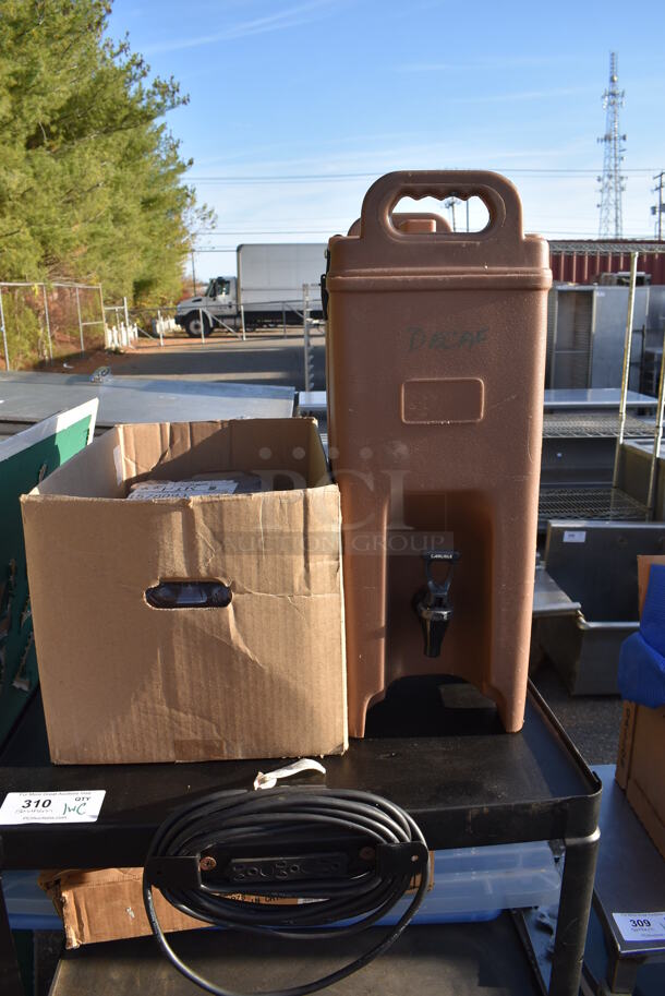 Black Metal AV Cart w/ Contents Including Insulated Beverage Dispenser on Commercial Casters. 25x32x46.5 - Image 2 of 5