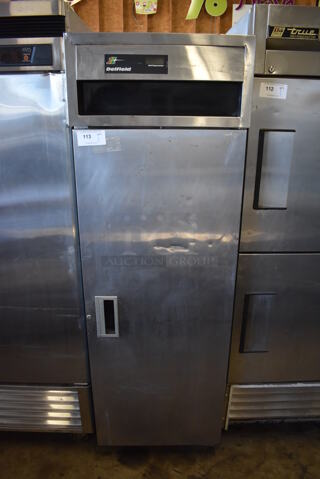 Delfield Stainless Steel Commercial Single Door Reach In Cooler on Commercial Casters. 115 Volts, 1 Phase. 25x30x79. Tested and Does Not Power On