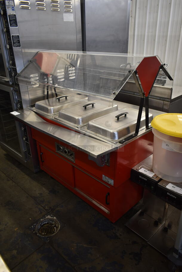 Duke DPAH-3HF M Metal Commercial 3 Well Steam Table w/ Sneeze Guard and 3 Lids on Commercial Casters. 120 Volts, 1 Phase. Tested and Working! - Image 1 of 7