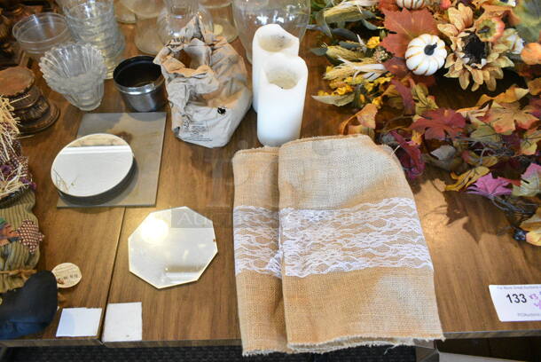 3 Wood Pattern Tables w/ Contents Including Decorations, Glasses. 3 Times Your Bid! (booth room)  - Image 6 of 11