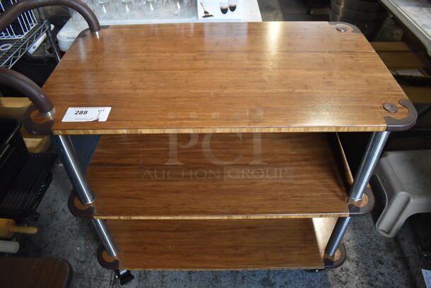Wooden and Metal 3 Tier Cart w/ Push Handle on Commercial Casters. 41x21x36.5 - Image 1 of 6