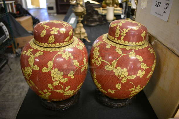 2 Capped Vases w/ Red and Gold Finish Accents. 2 Times Your Bid!