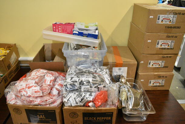 Wood Pattern Dining Height Table w/ Contents Including Salt Packets, Pepper Packets, Jams. (main dining room) - Image 2 of 5