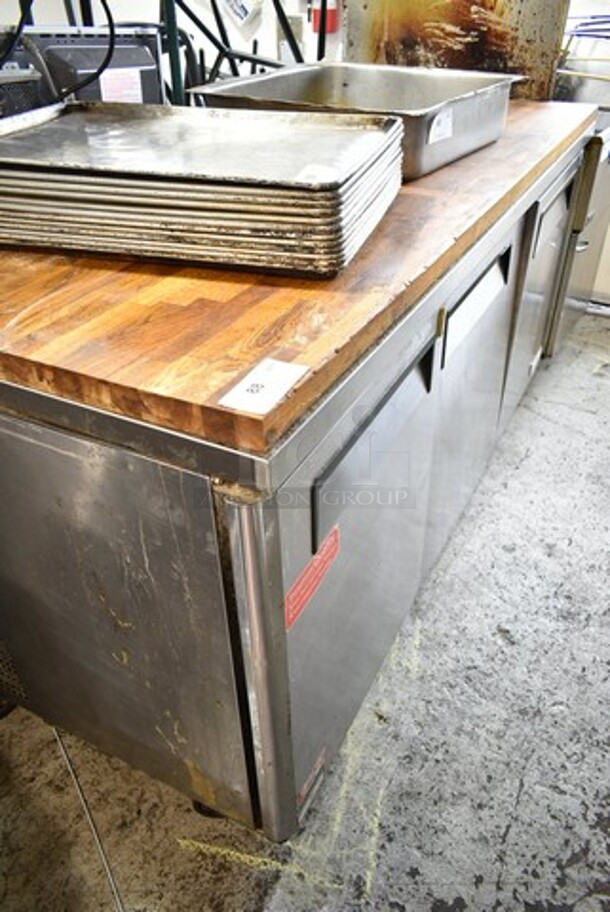 Turbo Air MUR-72 Stainless Steel Commercial 3 Door Undercounter Cooler w/ Butcher Block Countertop on Commercial Casters. 115 Volts, 1 Phase. Tested and Working! - Image 2 of 7