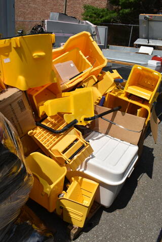 PALLET LOT of Various BRAND NEW! Poly Items Including Mop Buckets, Wringing Attachments and White Bin. 