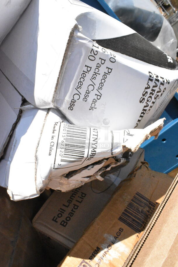 25 BRAND NEW Boxes Including Dart 60HT1 White Foam Hinged Lid Container 6" x 6" x 3" - 500/Case, 760PCC20 20 oz. Compostable PLA Paper Cold Cup, 200HD25-EO Choice 1/6 Standard Size Black Unprinted Embossed Heavy-Duty Plastic T-Shirt Bag, Gill BASE00151, 347TNYMRG2 Visions 2 oz. Clear Plastic Mini Margarita Glass - 120/Case. 25 Times Your Bid!  - Image 8 of 12