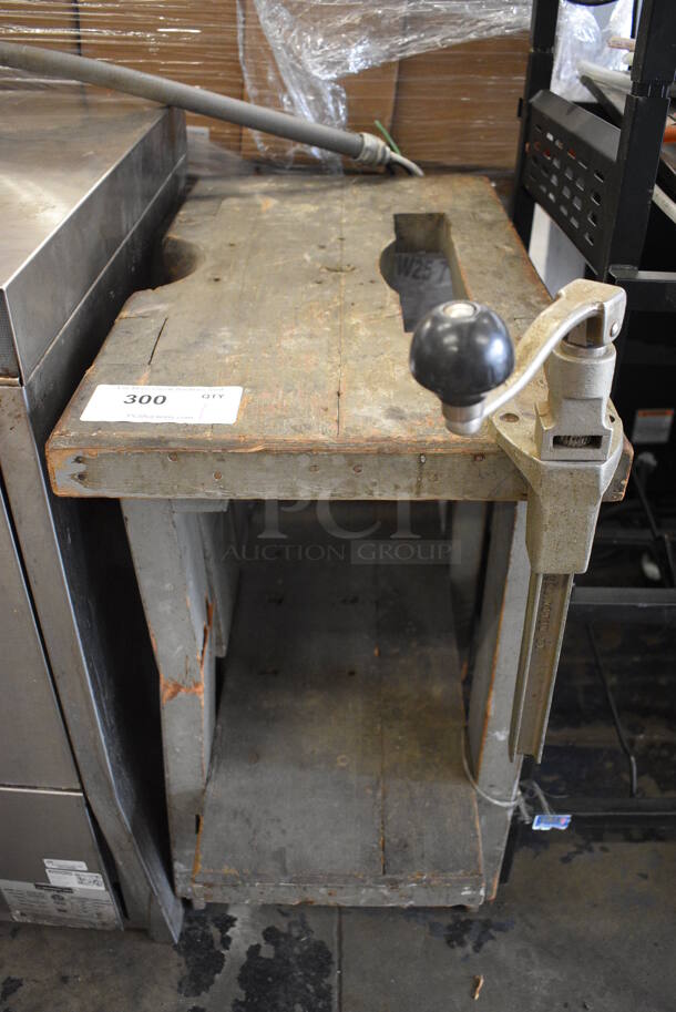 Wooden Cart w/ Under Shelf and Mounted Commercial Can Opener on Commercial Casters. 14.5x28x46