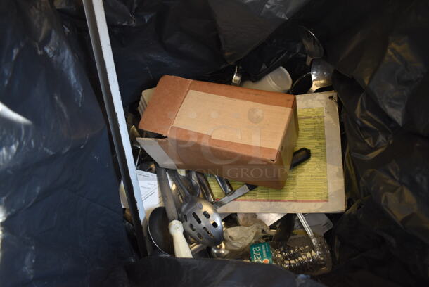 Gray Poly Trash Can w/ Contents Including Utensils. 21x21x22 - Image 2 of 4
