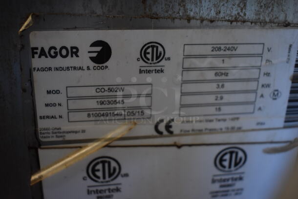 Fagor CO-502W Stainless Steel Commercial Undercounter Dishwasher. 208-240 Volts, 1 Phase. 23.5x26x33 - Image 10 of 10