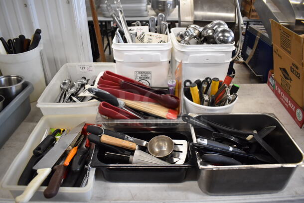 ALL ONE MONEY! Lot of 8 Bins of Various Utensils Including Scoopers, Ladles, Knives.