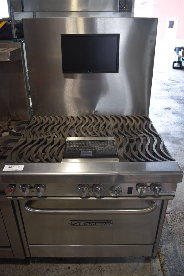 BRAND NEW! Southbend Model 4362D Stainless Steel Commercial Natural Gas Powered 5 Burner Range w/ Oven, Back Splash, Computer Monitor and Keyboard on Commercial Casters. 36x35x65