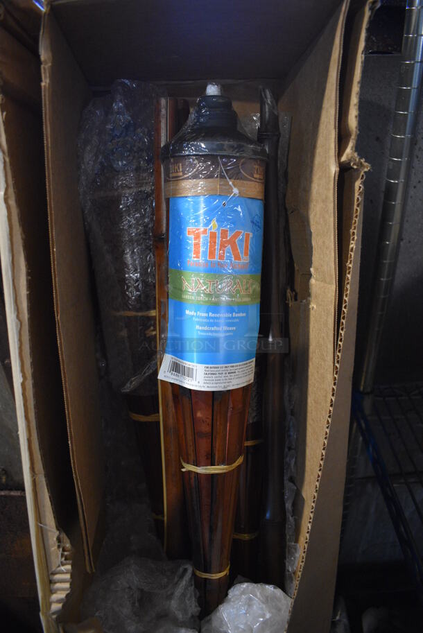 6 BRAND NEW IN BOX! Hollowick Tiki Outdoor Wood Pattern Royal Polynesian Torches. 3.5x3.5x60. 6 Times Your Bid!