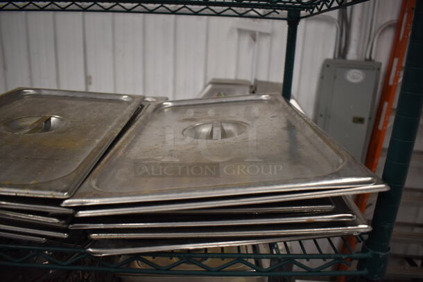 ALL OLNE MONEY! Tier Lot of Various Items Including 12 Stainless Steel Full Size Drop In Bin Lids and 2 Green Finish Racks - Image 4 of 4
